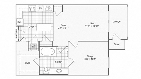Floor plan for 1 bed, 1 bath, 687 sqft